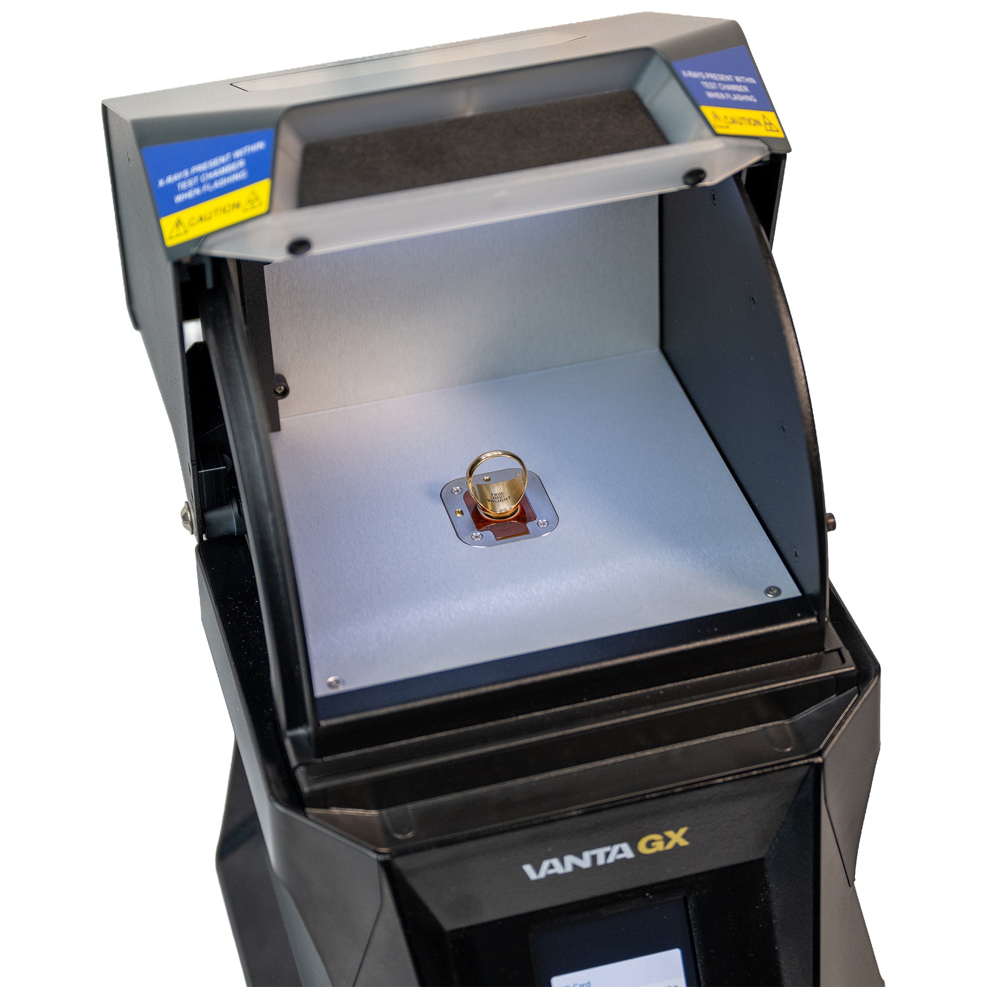 Evident Vanta GX Benchtop XRF showing sample in large sample chamber 6.5x7x4"