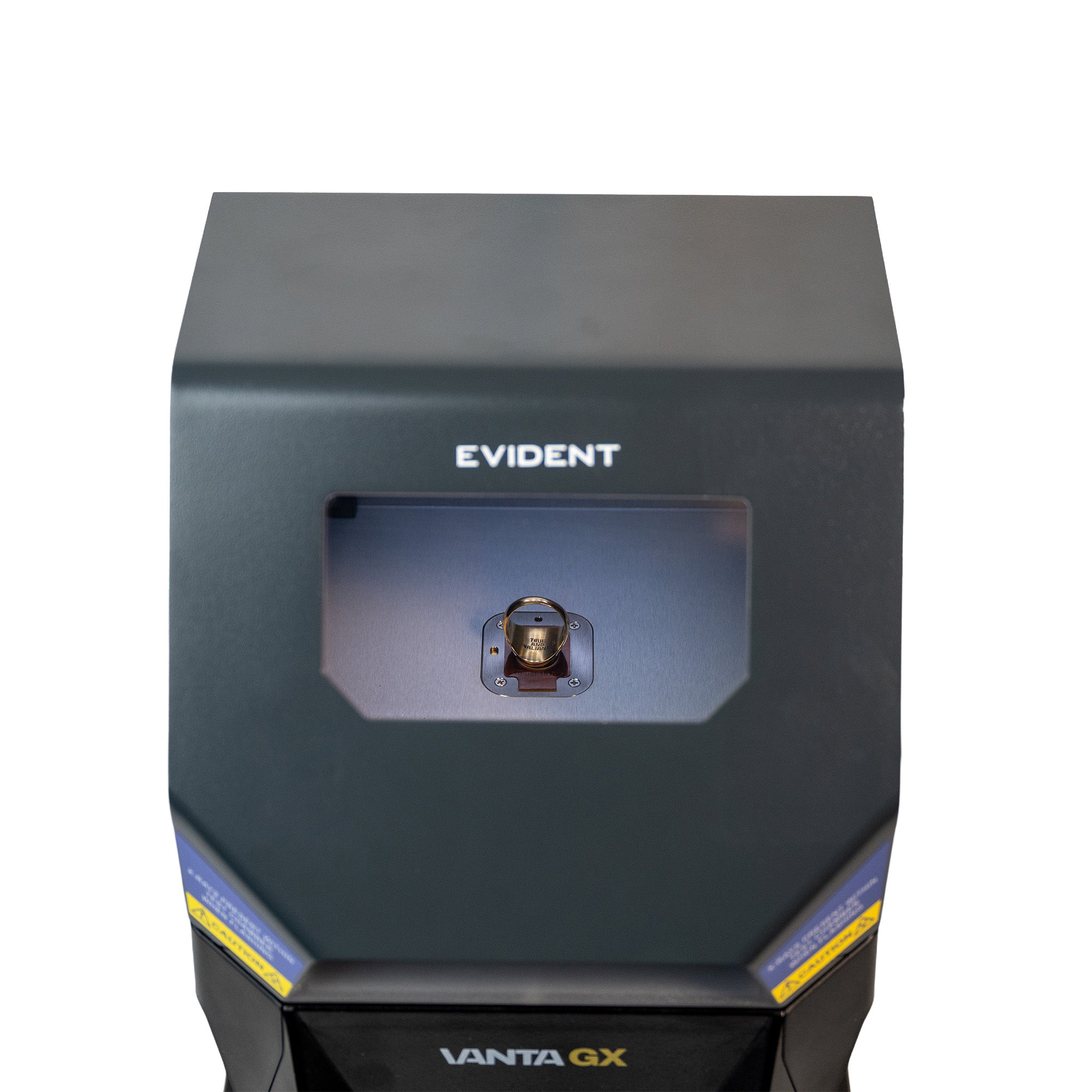 Evident Vanta GX Benchtop XRF showing sample through leaded glass so customer can always see their jewelry