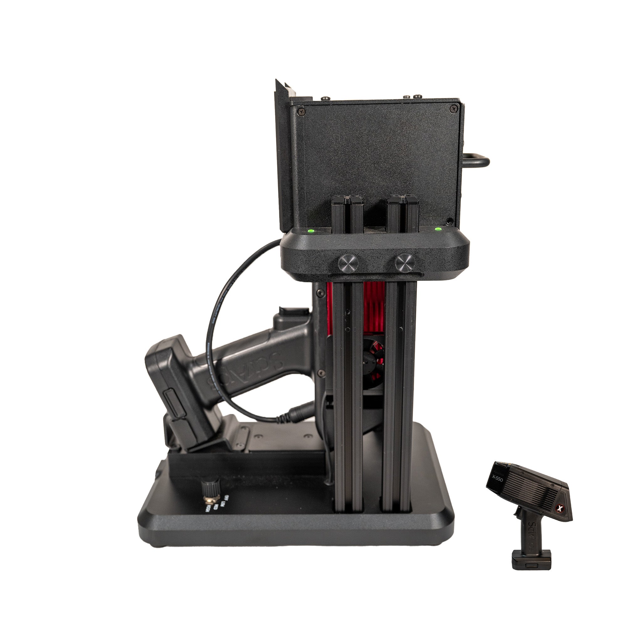 The SciAps X-550 Handheld XRF Benchtop Test Stand showing the X555 docked for reference