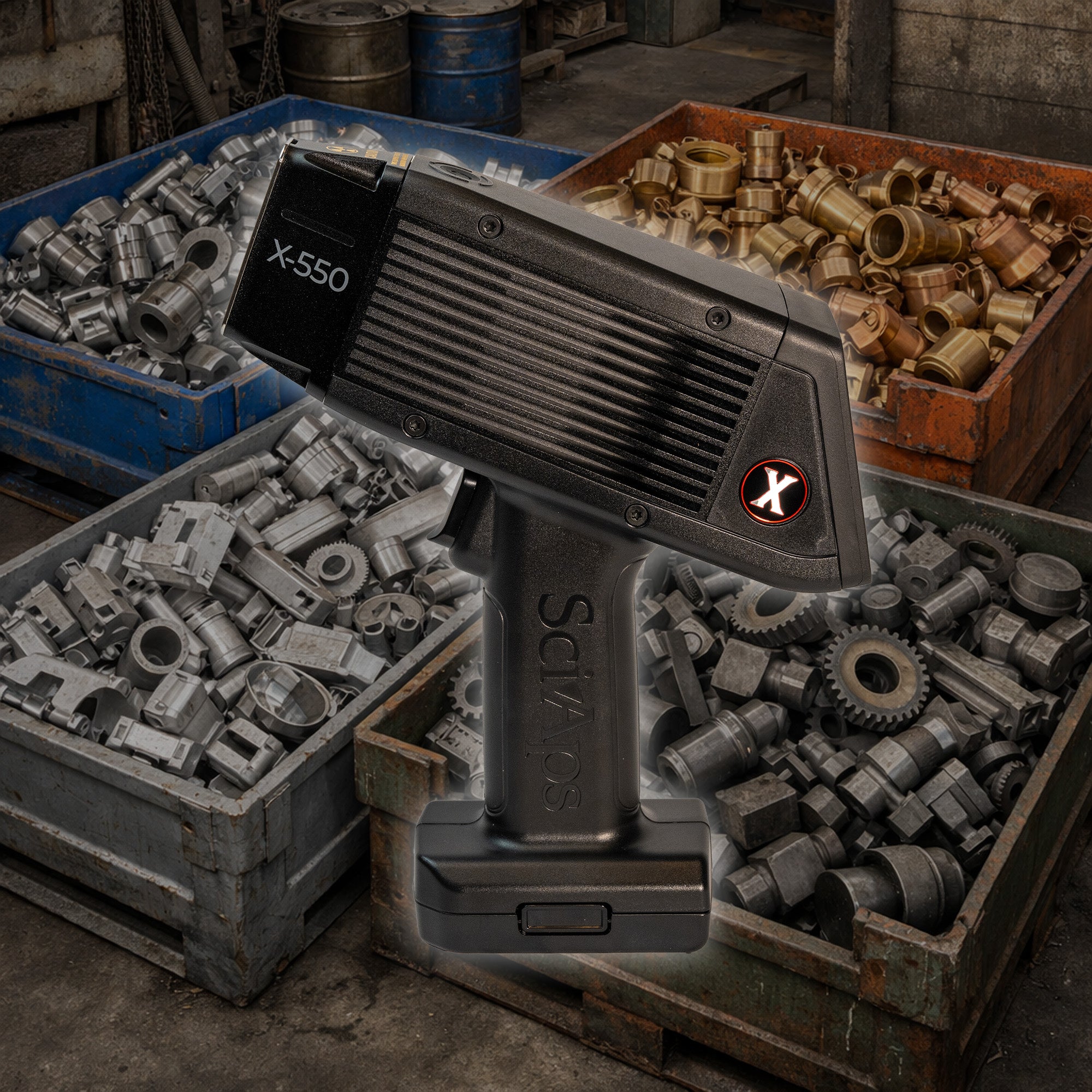 SciAps X550 showing metal sorting in the background