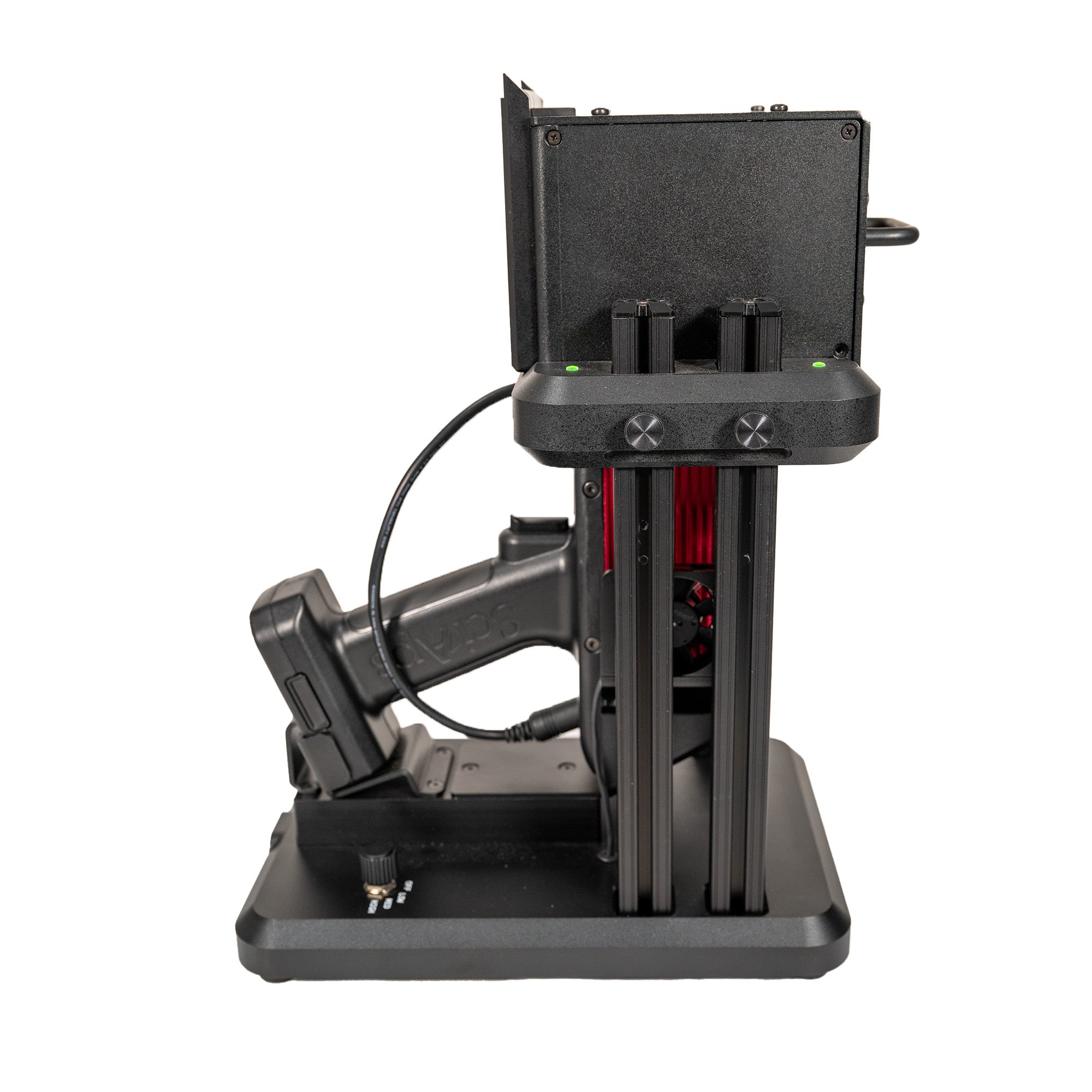 The SciAps X-Series Handheld XRF Benchtop Test Stand showing the X555 docked for reference