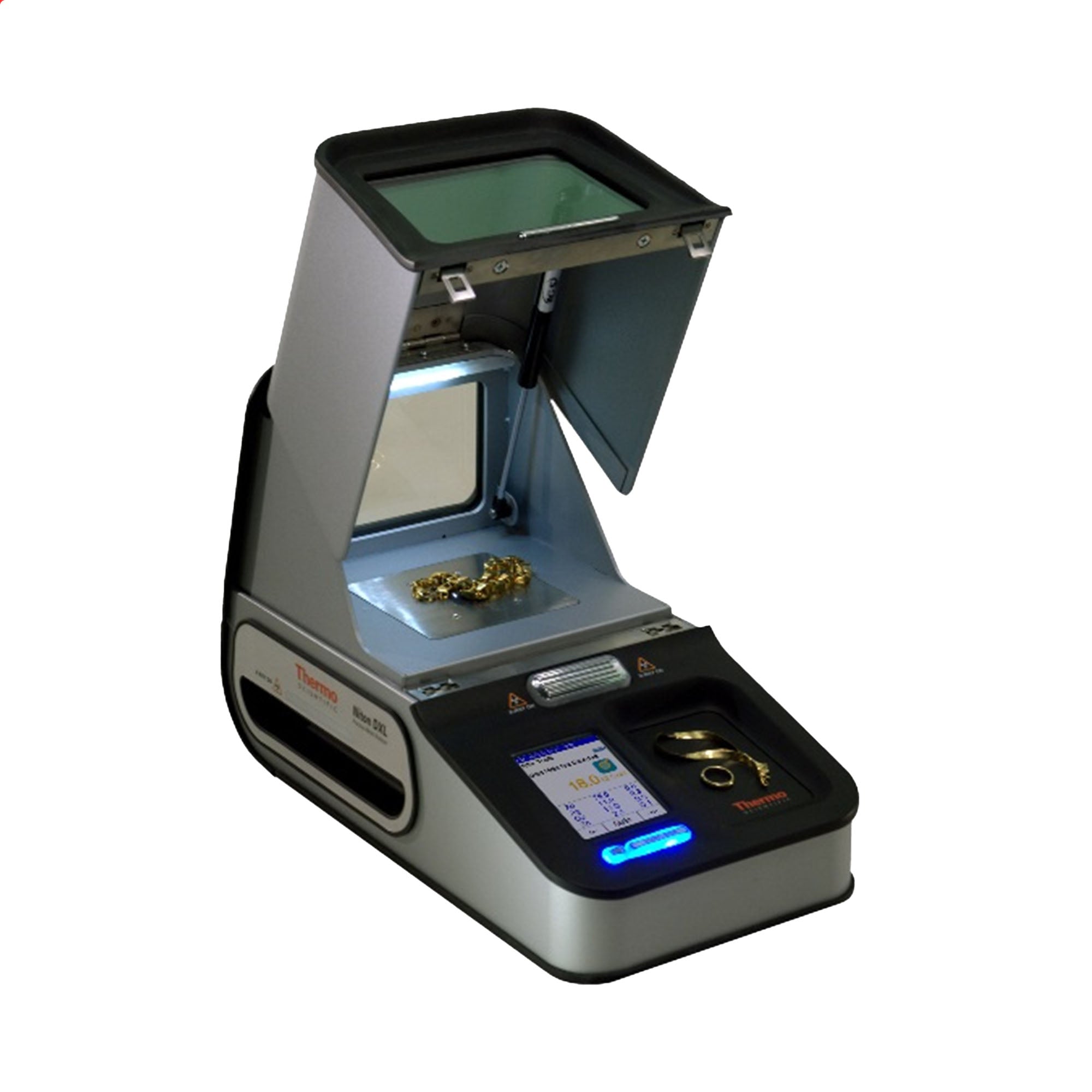 Buy a Thermo Scientific Niton DXL Benchtop XRF Precious Metals Analyzer Handheld XRF with Sample Chamber Open Showing Jewelry being Analyzed