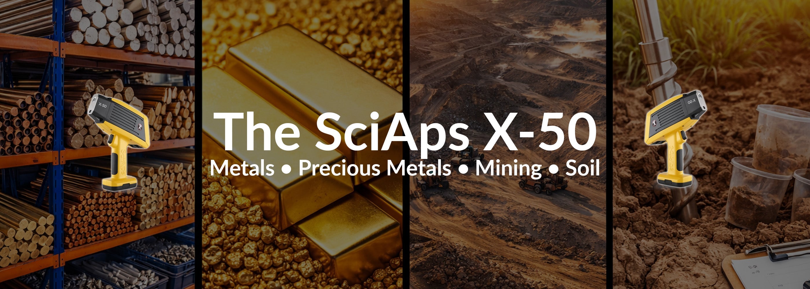 SciAps X-50 Collection Banner for XRF analysis of metals, precious metals, mining, and soil samples