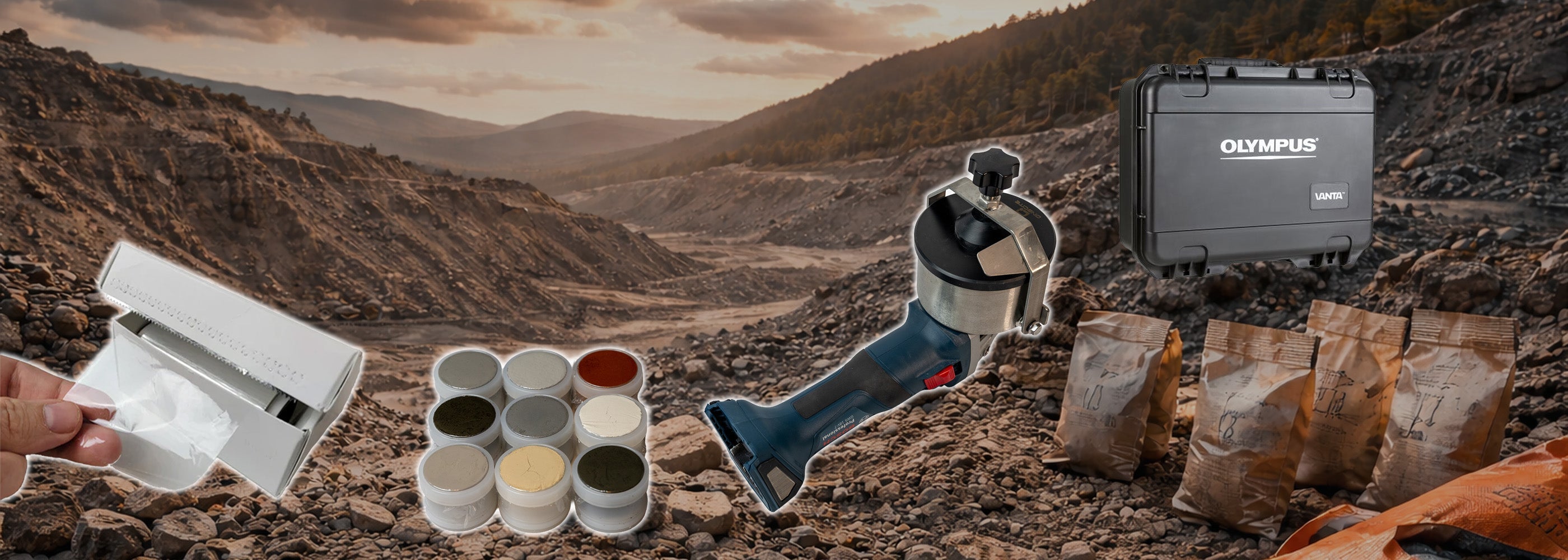 XRF Sample Preparation Tools for Mining Showing X-Ray Film/Foil, Sample Cups, Certified Reference Materials, a rock pulverizer, and a handheld xrf on a mine background