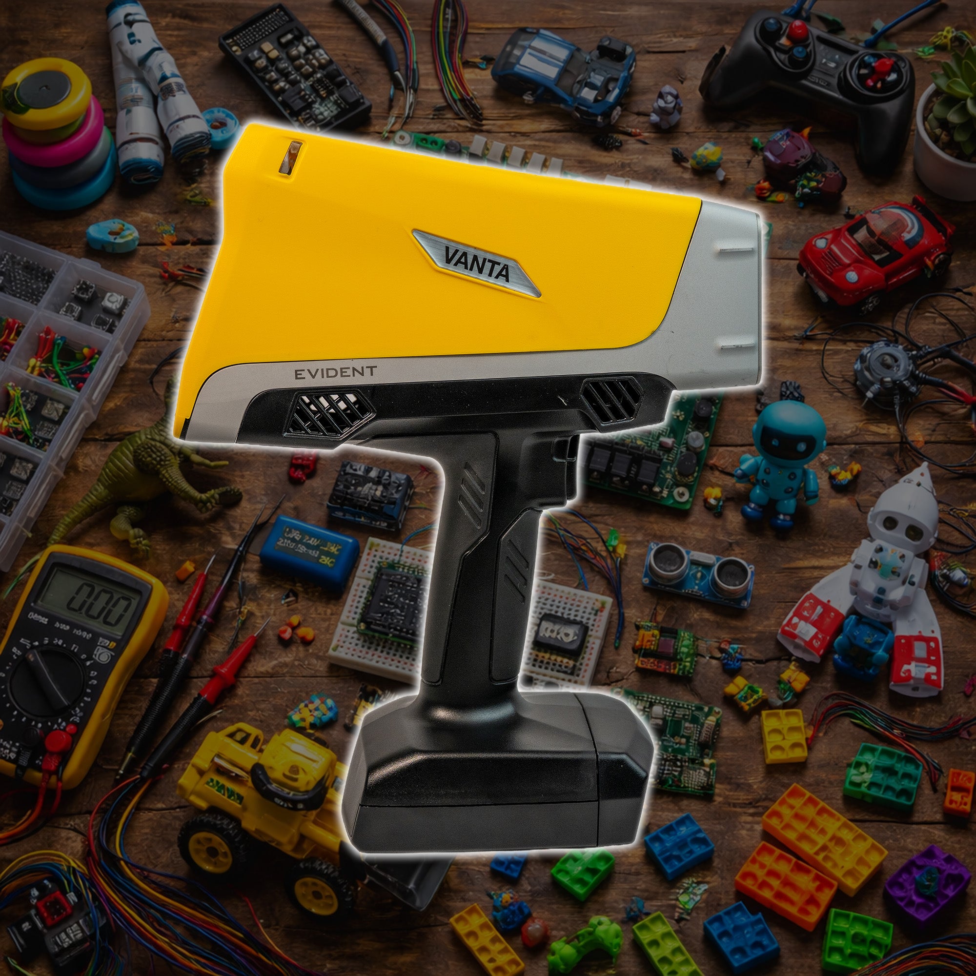Evident Vanta Max Handheld XRF Analyzer for RoHS Screening and Testing pointing right with toys and electronics in the background