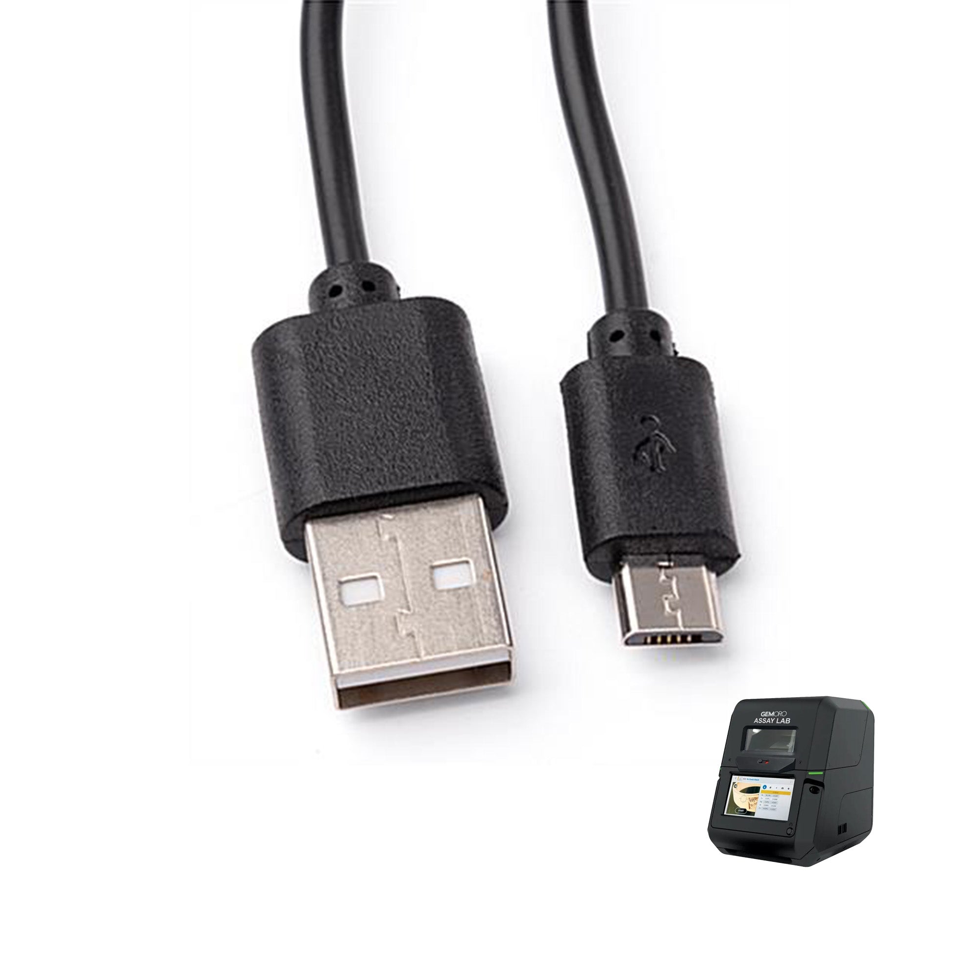 Gemoro XRF Assay USB Cable 6ft ends showing USB A to USB Micro