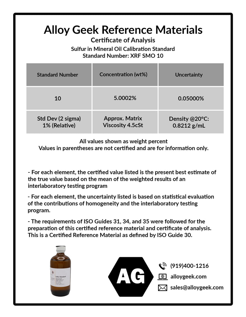 Alloy Geek SMO 10 Sulfur in Mineral Oil Certified Reference Material Certificate