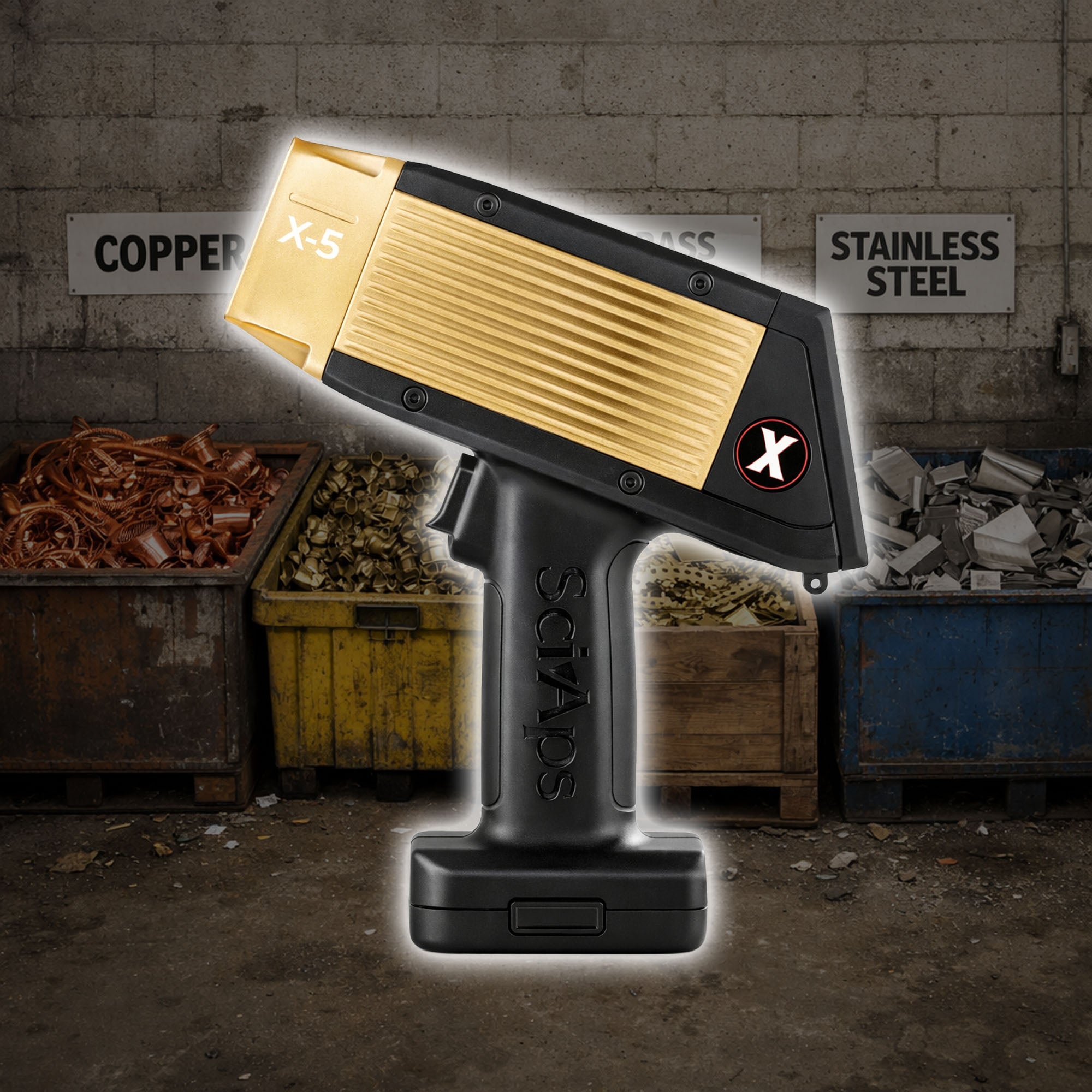SciAps X-5 Handheld XRF Analyzer Configured for scrap metal recycling, machine shops, and manufacturing.