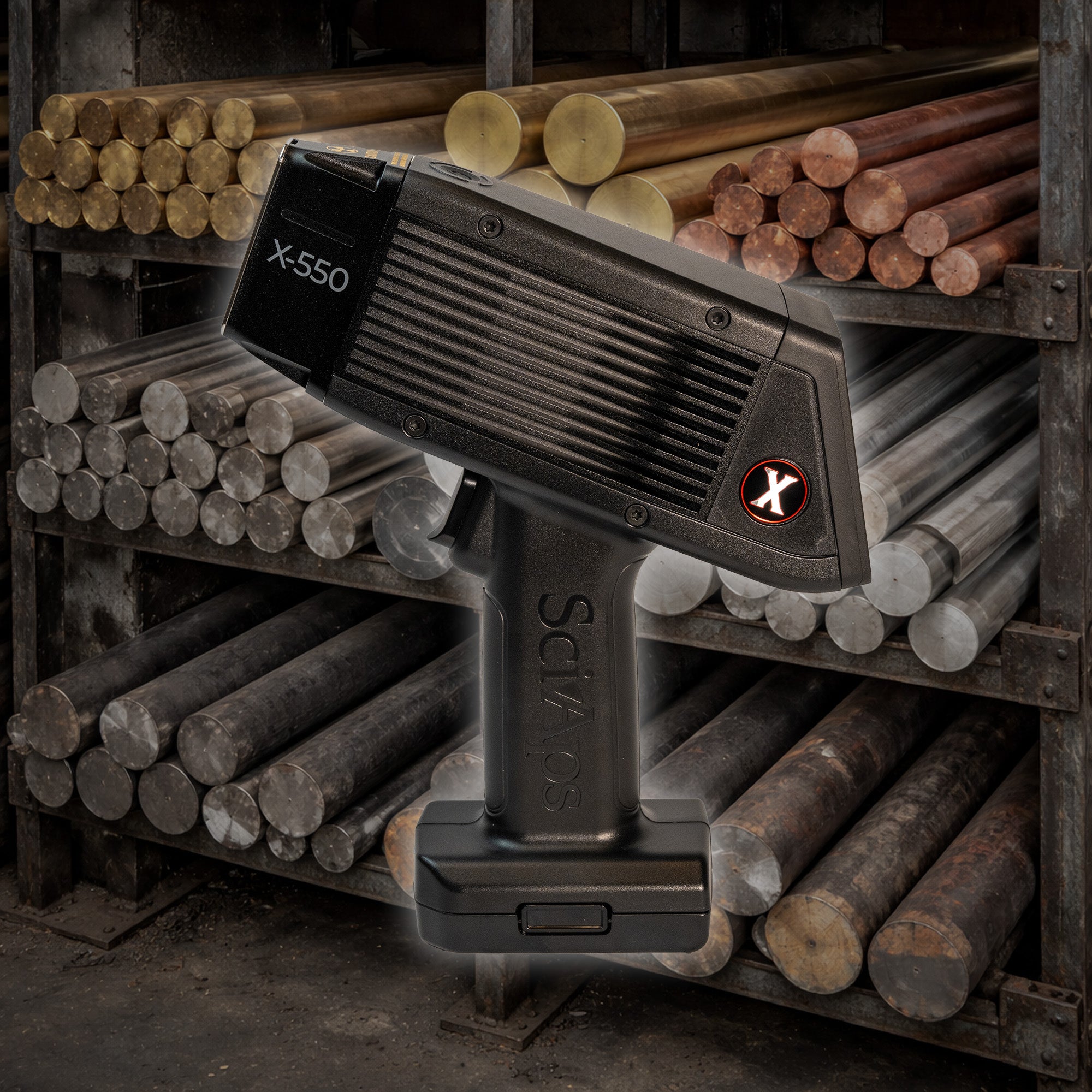 SciAps X550 showing metal bar stock sorted on a shelf in the background