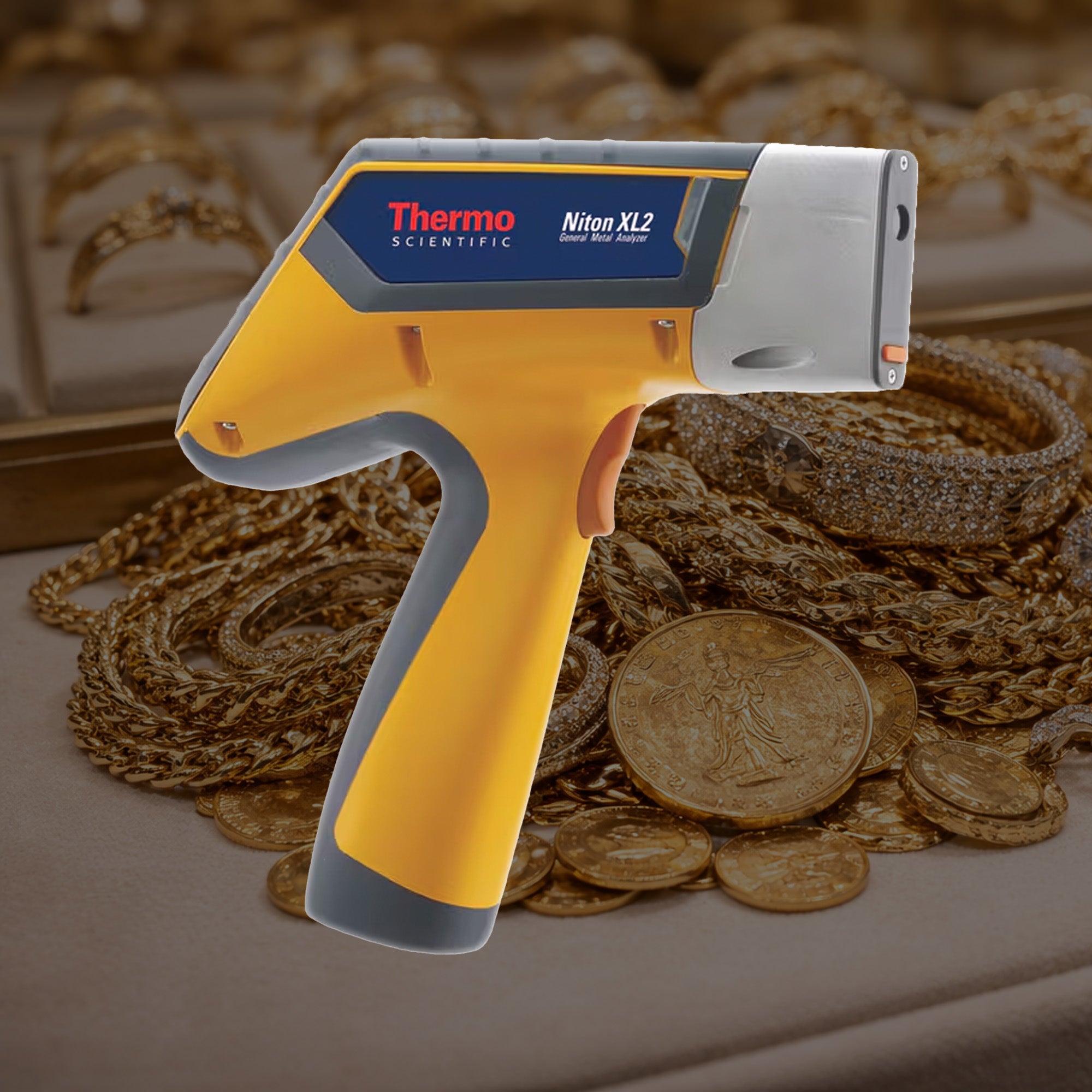 Thermo Scientific Niton XL2 100p Facing Right for Precious Metals Analysis on Jewelry Counter for Gold Testing