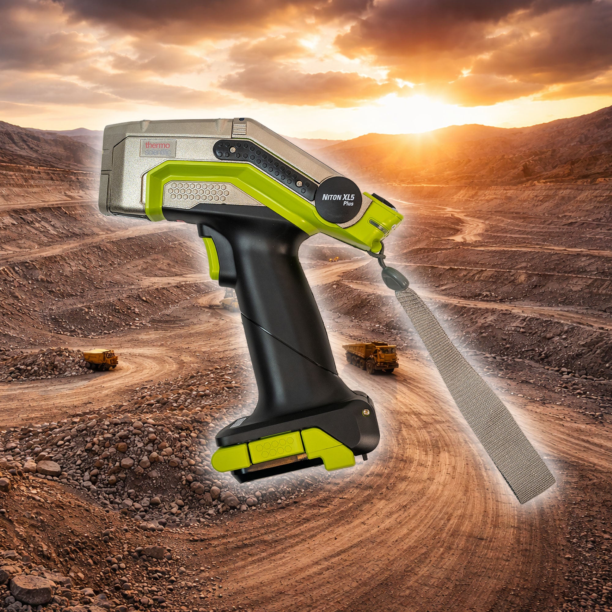 Thermo Scientific Niton XL5 Plus Handheld XRF Analyzer for Mining Soil and Geochemical Analysis showing a mine in the background