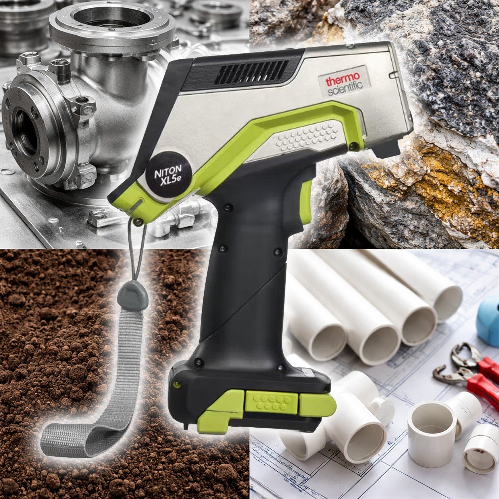 Thermo Scientific Niton XL5e Right Facing for testing alloys, mining materials, soil testing, and polymer testing