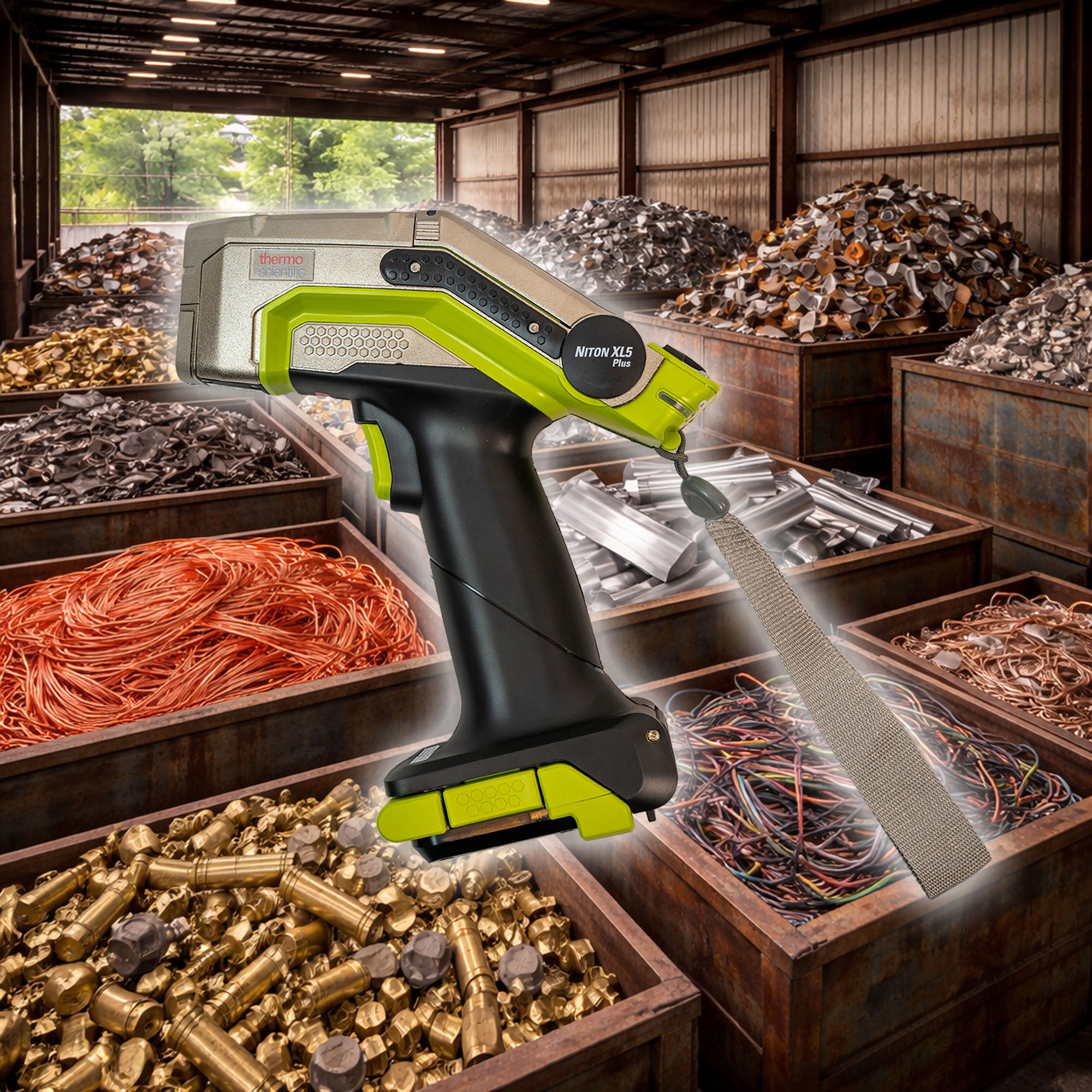 Niton XL5 Analyzer Facing Left showing sorted Alloys in industrial bins