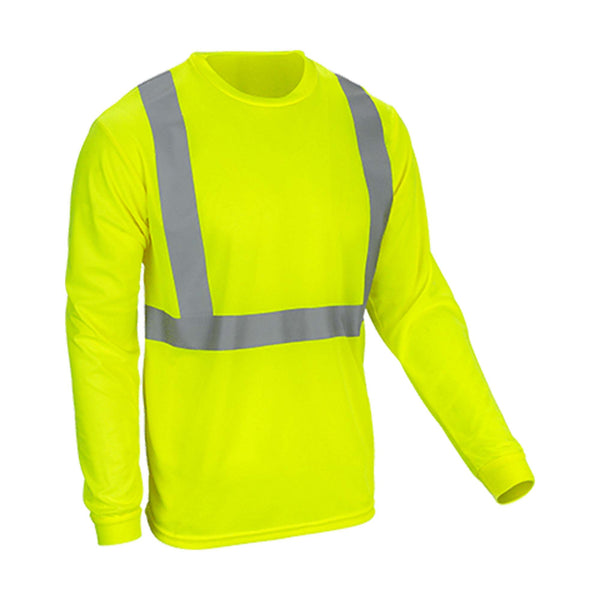 High-Visibility Long Sleeve Fluorescent Yellow Shirt with two vertical and one horizontal reflective stripes ANSI Class 2 front view also called hi-vis long sleeve shirt high visibility long sleeve shirt high-vis shirt